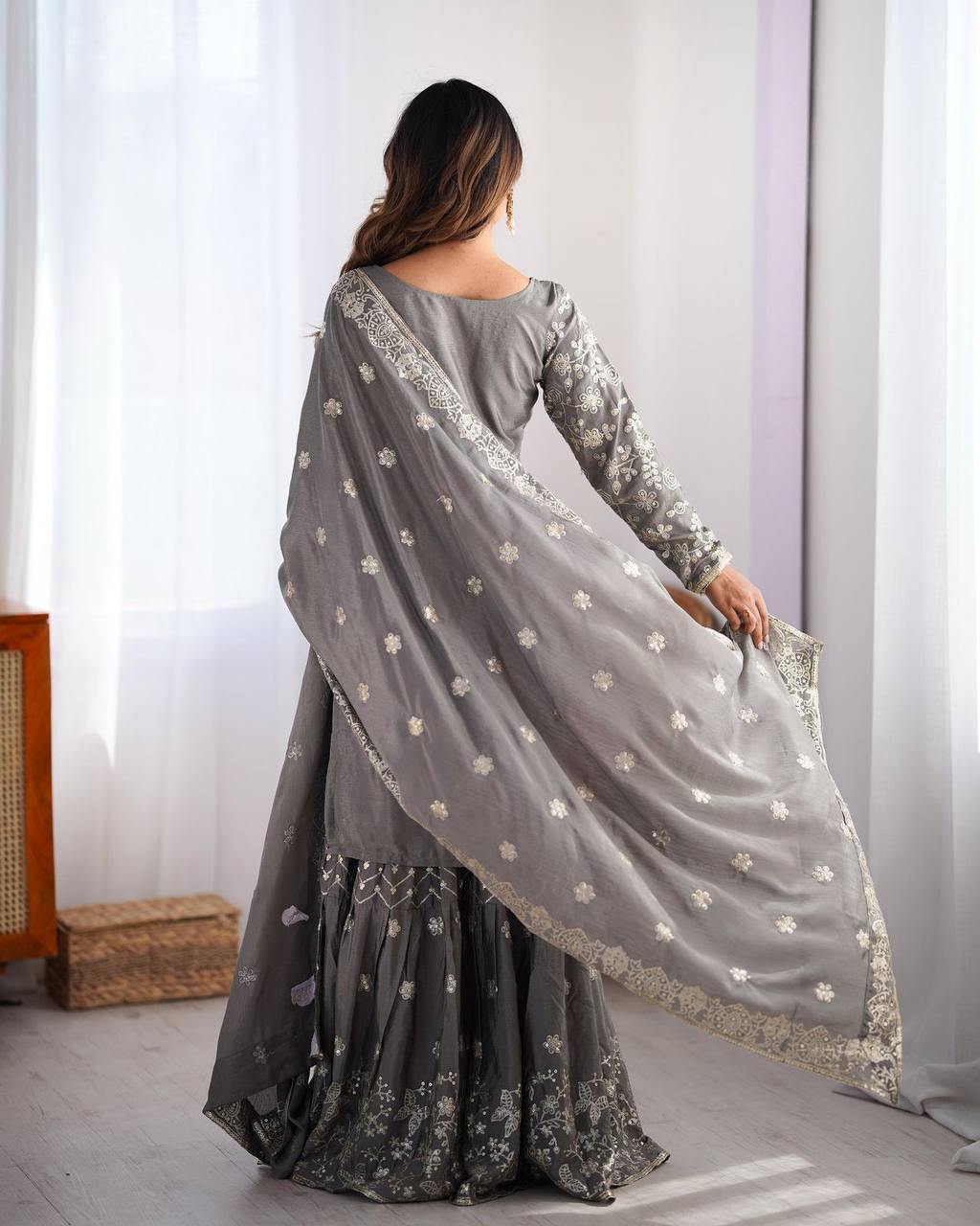 Agnija gray or grey Chinon silk sharara suit set for women, featuring thread and sequin embroidery on kurti and dupatta, stitched sharara pants with soft micro lining – perfect festive and wedding ethnic outfit for 2025.